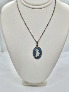 Vintage Wedgewood Blue Jasperware Oval Goddess 1976 Sterling Pendant & Chain 18”