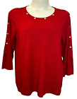 Carmen Marc Valvo Red Silver Studded Pullover 3/4 Slit Sleeve Sweater, Womens 1X