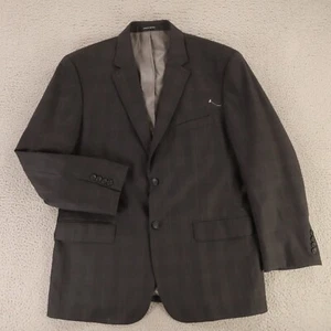 Windowpane Check Jacket L Gray Plaid 100% Wool Worsted Blazer Kenneth Cole 44R - Picture 1 of 16