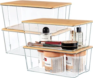 4 Pack Clear Plastic Storage Bins with Bamboo Lids, Stackable Storage Containers - Picture 1 of 6