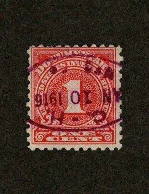 US Revenue 1914 R207 Documentary Tax Stamp 1c Rose Nice 1916 Cancel Used - Image 1 of 2