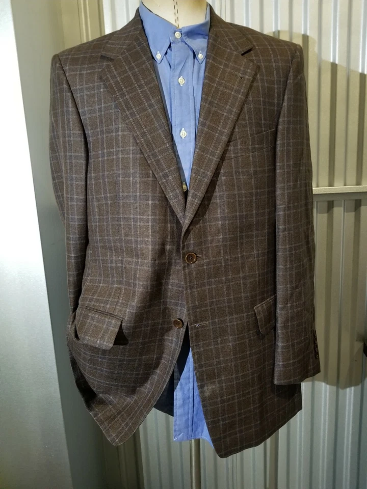 42L blue & brown Check Plaid SILK WOOL textured Sport Coat Blazer Jacket - Image 1 of 4
