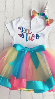 FLORENCE LILY BOUTIQUE Luxury Girls 2nd Second I’m Two Birthday Outfit Tutu Skirt & Vest Set Rainbow UK