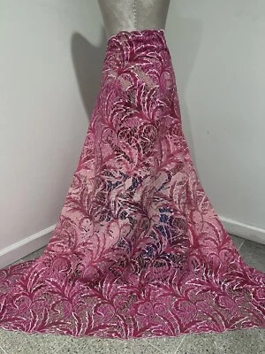 2 Yard Pink  Embroidery Sequins Lace Fabric 50” Width - Image 1 of 4
