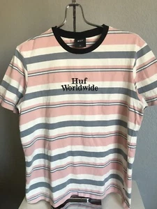 HUF Worldwide Striped Retro Logo Tee White/Pink Size Adult L Mens - Picture 1 of 4