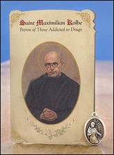 St Maximilian Kolbe (Drug Addiction) Healing Holy Card with Medal  NEW SKU MC025