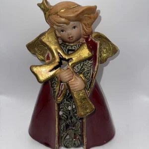 Vintage Keramik Himmelsengel hält ein goldenes Kreuz Windlicht/Teelichthalter 11”Hx7”B - Bild 1 von 13