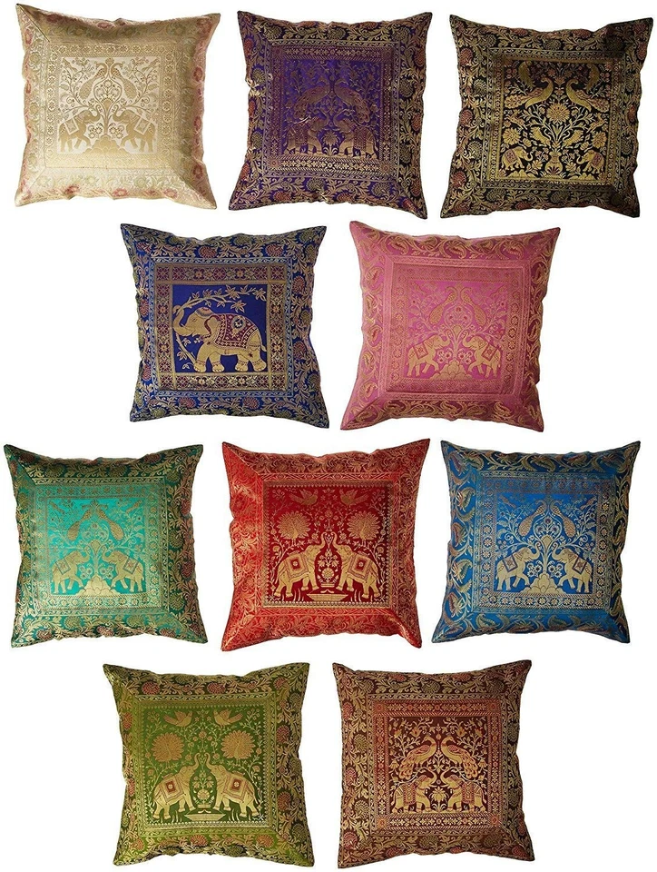 Indian Set Of 10 16X16 Inch (41X41 Cm) Elephant Banarsi Silk Indian Ethnic Bo... - Image 1 of 1