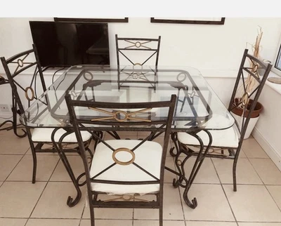 Vintage Glass and Wrought Iron Dining Table with 4 Matching Chairs - Image 1 of 4
