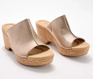 Neu Clarks Giselle Orchidee Leder Kork Keilabsatz Pantoletten Sandalen Zinn Metallic 11M - Bild 1 von 8