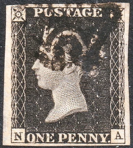 1840 AS67 SG2 1d GREY BLACK PLATE 10 VERY FINE USED 4 MARGINS BLACK CROSS (NA) - Picture 1 of 2