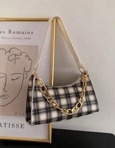 Plaid Pattern Gold Chain Shoulder Bag - Picture 1 of 5