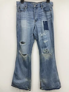American Eagle size 14 Long Women’s Blue Distressed Denim Hi-Rise Flare Jeans - Picture 1 of 11