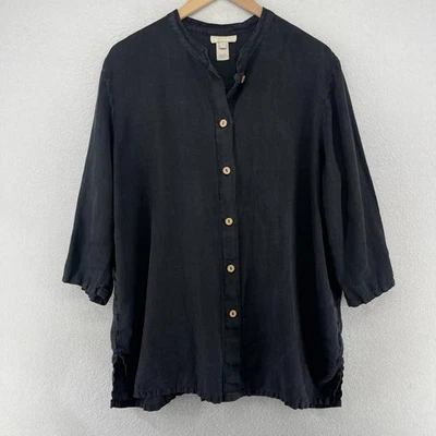 J.JILL Top L Linen Mandarin Collar Button Up Tunic Long Sleeve Black USA VTG - Image 1 of 4