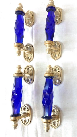 4 Ps Vintage Glass Blue Door Handle w Brass Puller Cabinet Cupboard Home Decor Cover