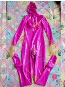 784 Pink full cover latex catsuit with transparent gloves Gummi mask socks 0.4mm - Picture 1 of 3