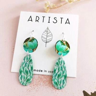 Pendientes Artista Hermoso Disco de Tulipán Verde y Lágrima Ligeros Regalo Único Foto 1 de 3