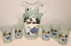 VINTAGE HANDPAINTED GLASS PITCHER & GLASSES 6pc SET WINTER CABIN POND LANDSCAPE - Picture 1 of 10