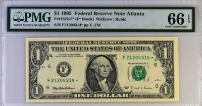 USA , $1 , 1995,  Fr#1922-F*, PMG 66 EPQ , Federal Reserve  Note Atlanta, Star - Image 1 of 4
