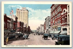 Postcard Chattanooga Market Street Ford Model T Flags Solder Tennessee - Picture 1 of 2