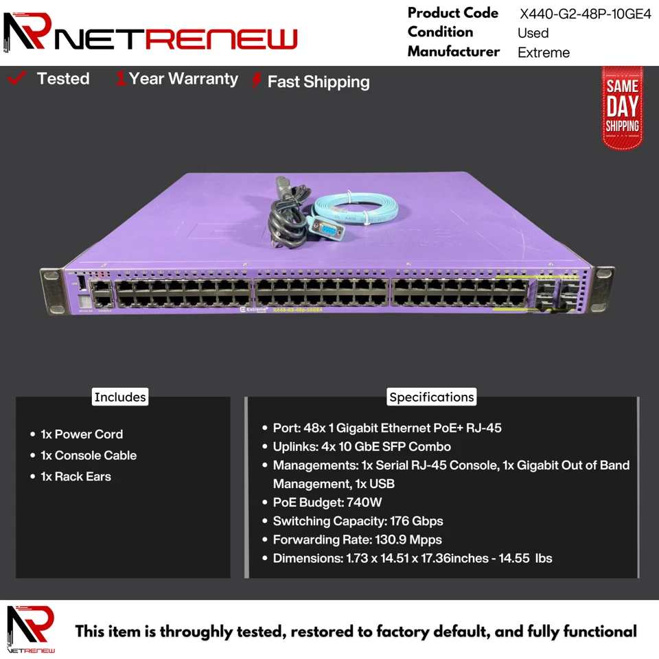 Extreme Networks X440-G2-48P-10GE4 Switch 48-Port PoE+ 10GbE 4 SFP+ Part No16535 - Image 1 of 1