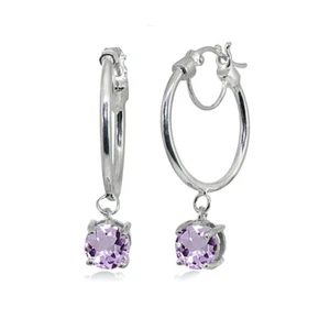 Sterling Silver Round Hoop Earrings with Dangling Amethyst Gemstones - Picture 1 of 4