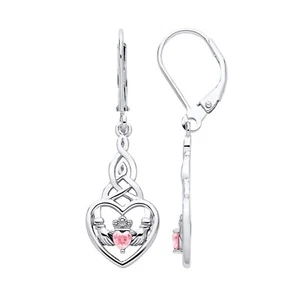 Sterling Silver simulated Pink Sapphire Irish Celtic CLADDAGH Drop Earrings - Picture 1 of 6