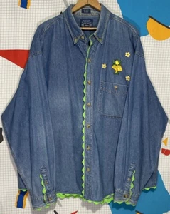 Vintage 90s Denim Shirt Frog Mushroom 2XL Appliqué All Sport Hippie Boho Nature - Picture 1 of 5