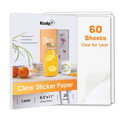 KOALA PAPER 60 Koala Transparent Clear Sticker Paper Printable Vinyl Sheets for LASER Cricut