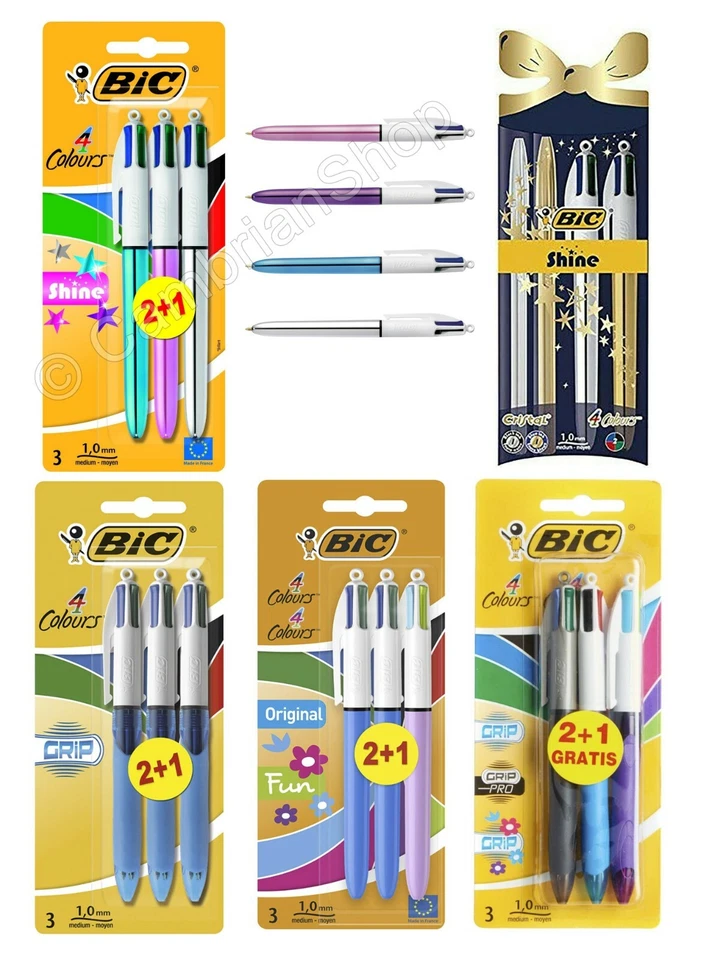BIC 4 Multi Colour Shine Grip Ballpoint Pen Blue Pink Silver Purple Gold 3 Pack