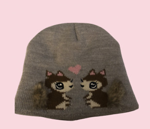 H&M Bushy Tail Love Heart Squirrels Grey Glitter Winter Knit Cap Girls 4-8 years