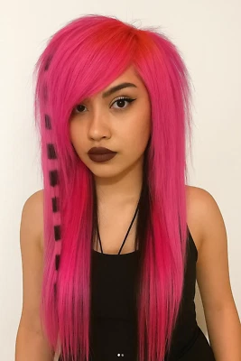 Peluca de cabello humano mofeta rosa recta escena emo | Peluca parte central para un aturdimiento Foto 1 de 2