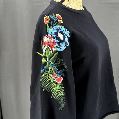 Zara Sweatshirt Women S Multicolor Cotton Embroidered Sleeve Pullover Raw Hem - Image 1 of 4