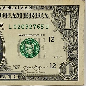 Short Run LU Block Fancy Serial Number One Dollar L02092765U FW 2013 19,2mm Run - Bild 1 von 8