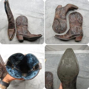 Ariat Boots x Toe Sassy Women 9 B Brown Leather Western Floral Pull On Pointed - Picture 1 of 24