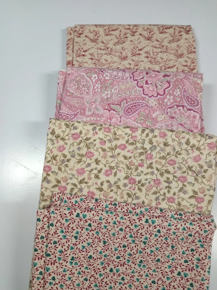 Fabric Lot of 4 Fat Quarters-Pink/Beige Floral/Paisley/Hearts/Foliage-NEW - Image 1 of 1
