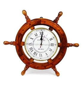 18" Solid Wood Brass Ship Wheel Wall Clock Porthole Nautical Decor Shipwheel - Picture 1 of 7