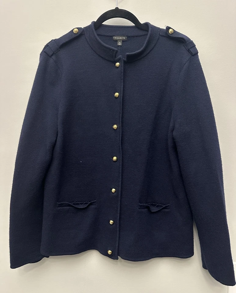 Talbots Sweater Womens XL Navy Blue Merino Wool Blend Gold Button Front Classic - Image 1 of 4