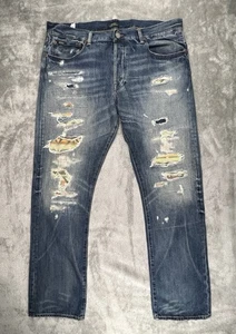 Polo Ralph Lauren Varick Slim Jeans Distressed Aztec Patchwork Size 35x30 RARE - Picture 1 of 13