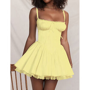 (Light Yellow M)Women Lace Spaghetti Strap Dress Waist Slimming Back Tie BGS