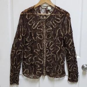 Laura Ashley Jacket Women M Brown Sheer Zip Ribbon Mesh Vintage Boho Artsy  - Picture 1 of 10