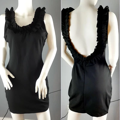 Vestido ajustado Symphony para mujer talla mediana negro espalda abierta mini volantes ribete LBD Foto 1 de 4