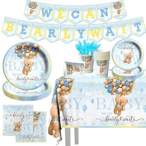 We can Bearly Wait Baby Shower Decorations-142pcs Bear Boy Tableware Set Incl... - Picture 1 of 6