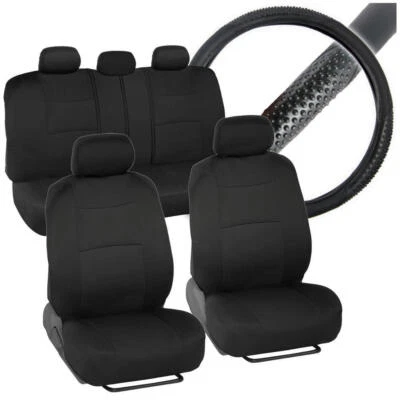 Juego completo de funda de asiento de coche de tela negra + cubierta de volante de cuero PU 10 piezas Foto 1 de 4