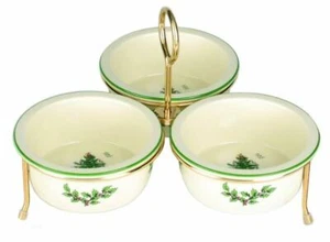 Spode Christmas Tree Set of 3 Nut Candy Bowls with Gold Metal Rack # 1625068 New - Picture 1 of 2