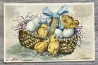 EAS Easter Chicks & Eggs In Wicker Basket Blue Ribbon Embossed Postcard Germany