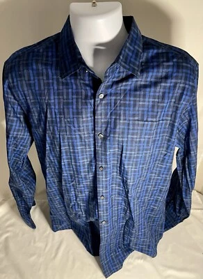 Camisa quadriculada CLAIBORNE manga longa botão azul preta cinza tamanho G - Imagem 1 de 4