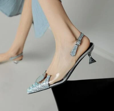 Women Summer Sequined Point Toe Kitten Heel Sandals Buckle High Heel Party Pump  - Image 1 of 4