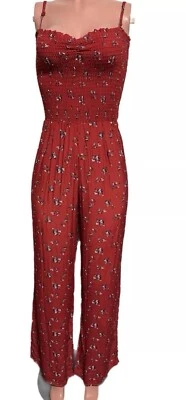 Blue Life Planet Red Floral Smocked Jumpsuit Long Romper Vacay Resort Casual NWT - Image 1 of 4