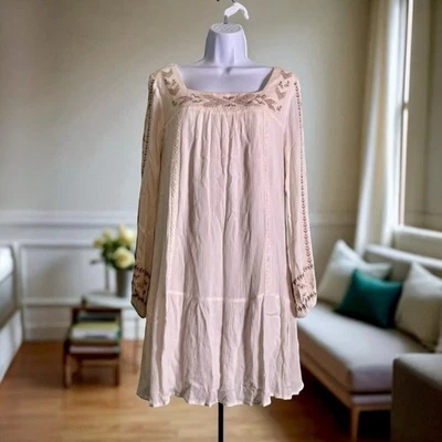Xhilaration Boho Embroidered Peasant Dress Size M. White Cream Rayon Long Sleeve - Image 1 of 4